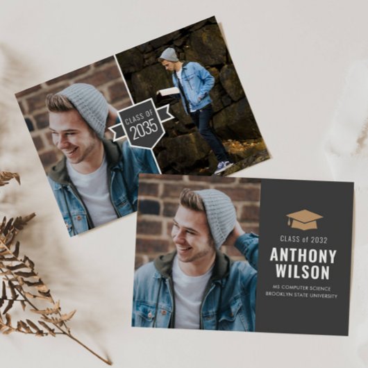 ミニマモダンリスト金ゴールドグラッドキャップ3写真卒業 案内状