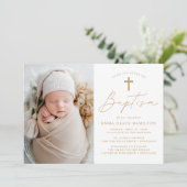 ミニマモダンリスト金ゴールドスクリプト写真バプテスマ 招待状 (スタンド正面)