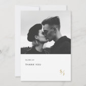 ミニマモダンリスト金ゴールドタイポグラフィ結婚写真 サンキューカード (正面)