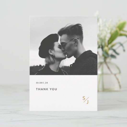 ミニマモダンリスト金ゴールドタイポグラフィ結婚写真 サンキューカード (スタンド正面)