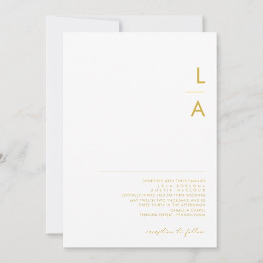 ミニマモダンリスト金ゴールドフォントモノグラ結婚ムの 招待状 (正面)