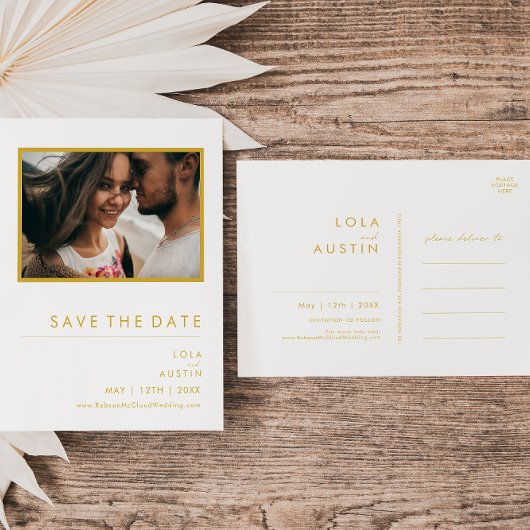 ミニマモダンリスト金ゴールドフォント写真の日付の保存 インビテーションポストカード