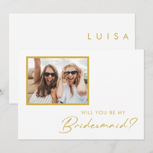 ミニマモダンリスト金ゴールドフォント写真Bridesmaid 招待状 (正面/裏面)