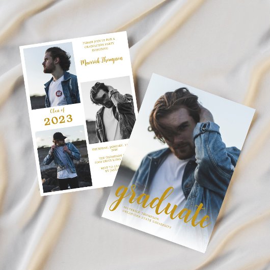 ミニマモダンリスト金ゴールド写真卒業パーティー 招待状