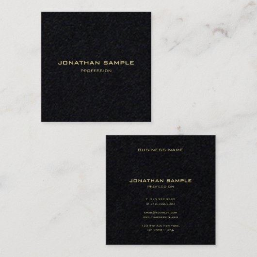 ミニマモダンリスト金ゴールド文字エレガントプレミアムブラック スクエア名刺 (正面/裏面)