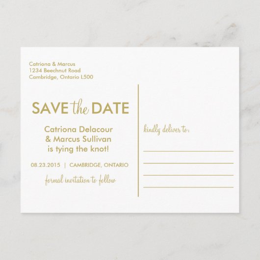 ミニマモダンリスト金ゴールド日付はがきIIを保存 案内ポストカード (裏面)