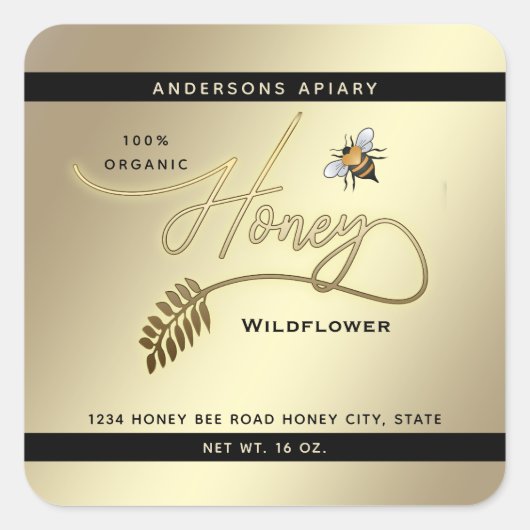 ミニマモダンリスト金ゴールド蜂蜜の枝の瓶 スクエアシール (正面)