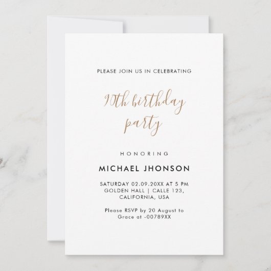 ミニマモダンリスト金ゴールド90th誕生日パーティー 招待状 (正面)