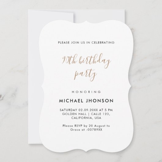 ミニマモダンリスト金ゴールド90th誕生日パーティー 招待状 (正面)