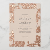 ミニマモダンリスト金箔バラ金ゴールド結婚フローラ 箔招待状 (正面)