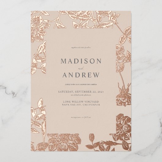 ミニマモダンリスト金箔バラ金ゴールド結婚フローラ 箔招待状 (正面)