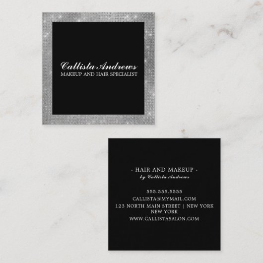 ミニマモダンリスト銀グリッターシンプルメイクアップ スクエア名刺 (正面/裏面)