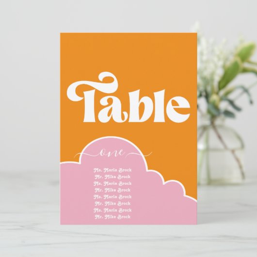 ミニマモダンリスト鮮やかのオレンジとピンクのテーブル 招待状 (スタンド正面)