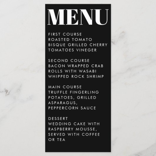 ミニマモダンリスト黒はっきりしたタイポグラフィ結婚ズ メニュー (正面)