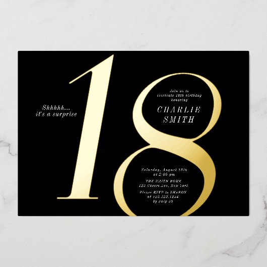 ミニマモダンリスト黒番と金ゴールド18歳の誕生日 箔招待状 (正面)