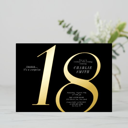 ミニマモダンリスト黒番と金ゴールド18歳の誕生日 箔招待状 (立ち正面)