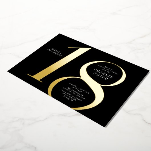 ミニマモダンリスト黒番と金ゴールド18歳の誕生日 箔招待状 (回転した状態)