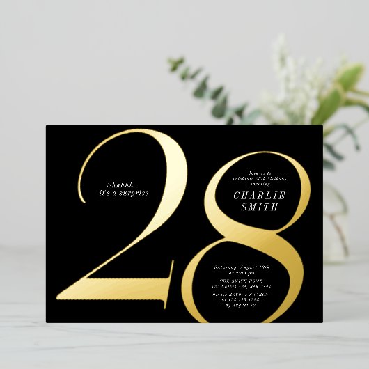 ミニマモダンリスト黒番金ゴールド28歳の誕生日 箔招待状