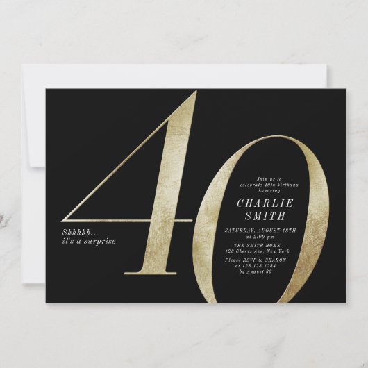 ミニマモダンリスト黒番金ゴールド40歳の誕生日 招待状 (正面)