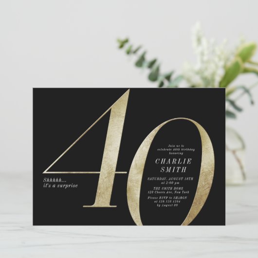 ミニマモダンリスト黒番金ゴールド40歳の誕生日 招待状 (スタンド正面)