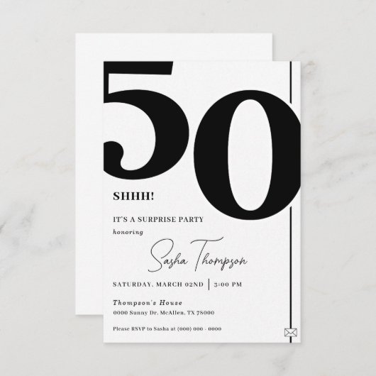 ミニマモダンリスト黒番50歳の誕生日の招待状 招待状 (正面/裏面)