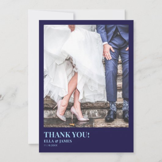 ミニマモダンリスト2フォトネイビーブルー結婚ズ サンキューカード (正面)