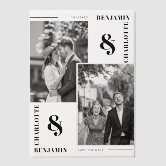 ミニマモダンリスト2枚の写真日付を保存 ベラム紙招待状 (正面)