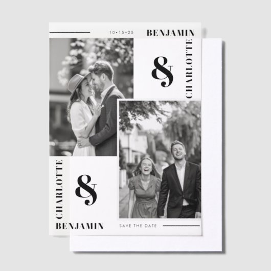 ミニマモダンリスト2枚の写真日付を保存 ベラム紙招待状 (オフセット)