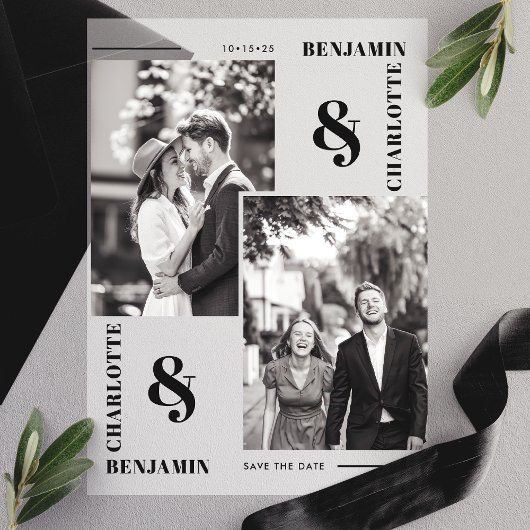 ミニマモダンリスト2枚の写真日付を保存 ベラム紙招待状