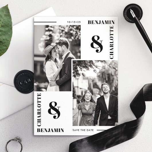 ミニマモダンリスト2枚の写真日付カードを保存 セーブザデート