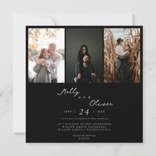 ミニマモダンリスト3枚の写真白黒結婚ズ 招待状 (正面)