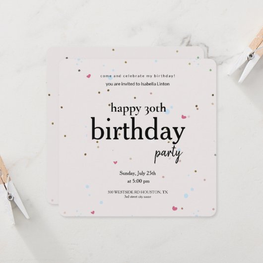 ミニマモダンリスト30th誕生日パーティー、30誕生 招待状 (正面/裏面インサイチュ)