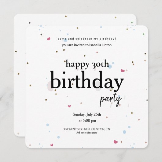 ミニマモダンリスト30th誕生日パーティー、30誕生 招待状 (正面/裏面)