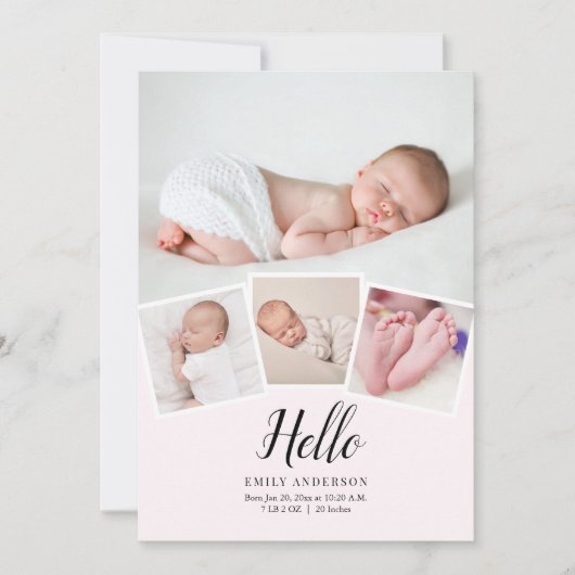 ミニマモダンリスト4フォトコラージュベビーガール誕生 案内状 (正面)