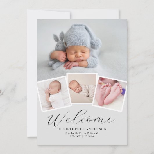 ミニマモダンリスト4フォトコラージュ男の赤ちゃん誕生 案内状 (正面)