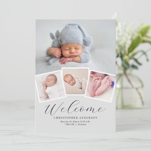 ミニマモダンリスト4フォトコラージュ男の赤ちゃん誕生 案内状 (スタンド正面)