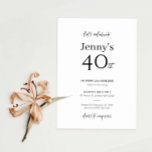 ミニマモダンリスト40th誕生日パーティの招待状 招待状<br><div class="desc">このミニマルタイポグラフィ40歳の誕生日パーティの招待状は誕生日パーティーにモダン最適だ。このシンプルデザインは、クラシックミニマルな白黒タイポグラフィと共にモダン感じす。任意の色でカスタマイズ可能保デザインとエレガント現状のまま、または独自のグラフィックとアートワークを追加してカスタマイズ。レイアウト、フォント、文字サイズの変更など、このデザインの高度なカスタマイズを行うには、上クリックの「」ボタカスタマイズンを使用してください。何か連絡質問があれば私に頼む！</div>