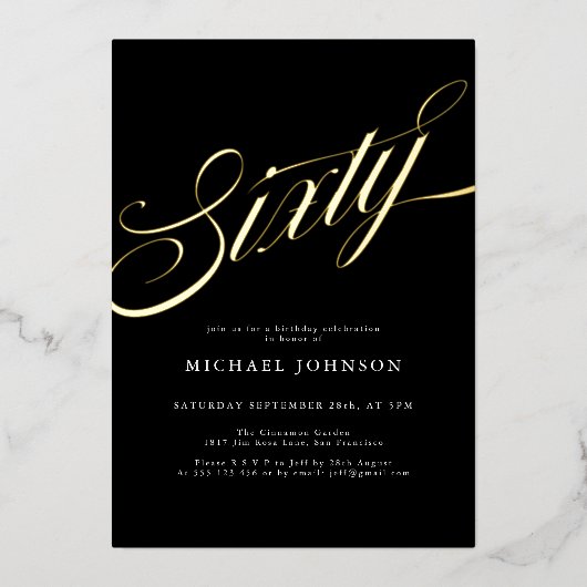 ミニマモダンリスト60ブラック金ゴールド60誕生日 箔招待状 (正面)