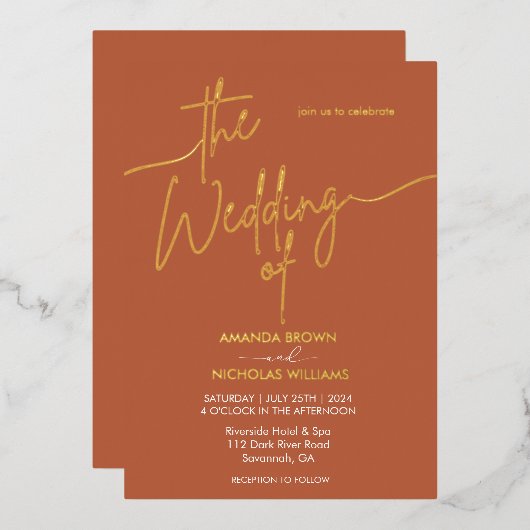 ミニマモダンリスト・テラコッタと金ゴールド結婚ズ 箔招待状 (正面/裏面)