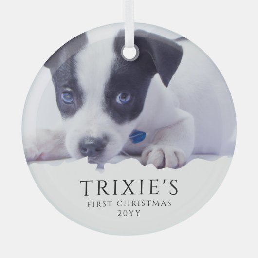 ミニマモダンリスト・ドッグの初めてのクリスマス写真 ガラスオーナメント (正面)