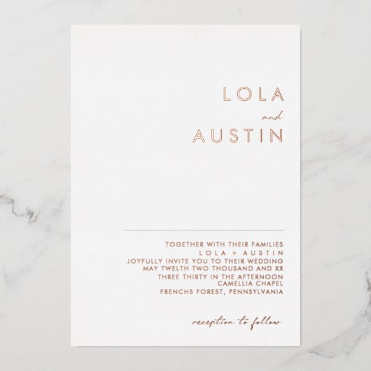 ミニマモダンリスト |バラ結婚金ゴールドの実在 箔招待状 (正面)