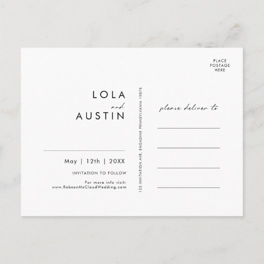 ミニマモダンリスト |黒いはっきりした写真の日付を保存 インビテーションポストカード (裏面)