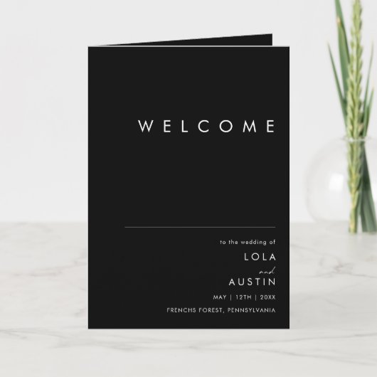 ミニマモダンリスト |黒い折り畳み結婚式 プログラム (正面)