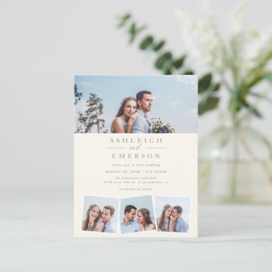 ミニマモダンリストBeigeフォトコラージュ結婚ズ インビテーションポストカード (スタンド正面)