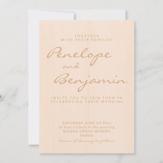 ミニマモダンリストBoho Peach金ゴールドスクリプ結婚ト 招待状 (正面)