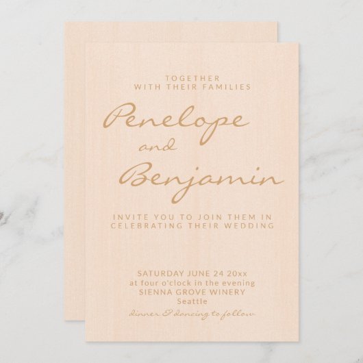 ミニマモダンリストBoho Peach金ゴールドスクリプ結婚ト 招待状 (正面/裏面)