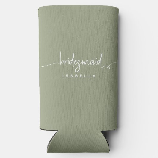 ミニマモダンリストBridesmaidスクリプトSage Green スリム缶クーラー (裏面)