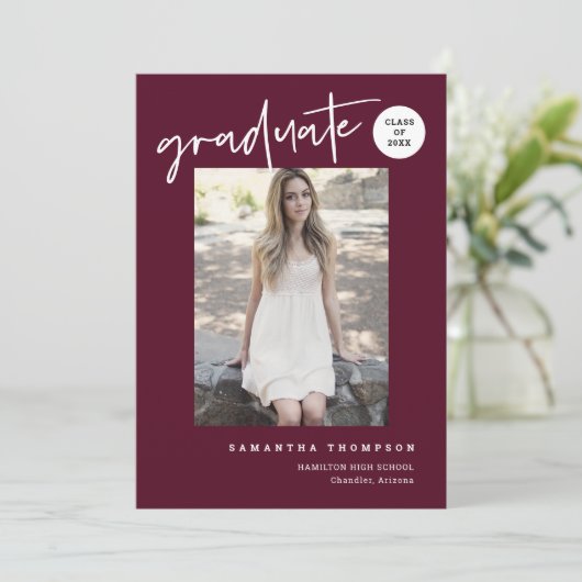 ミニマモダンリストBurgundy School Gradパーティー写真 招待状 (スタンド正面)