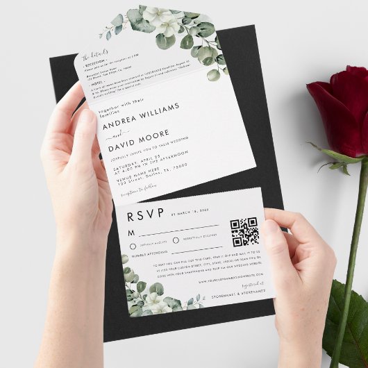 ミニマモダンリストEucalyptus RSVP QRコード結婚s オールインワン招待状