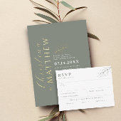 ミニマモダンリストGreen Sage結婚の金ゴールド 箔招待状